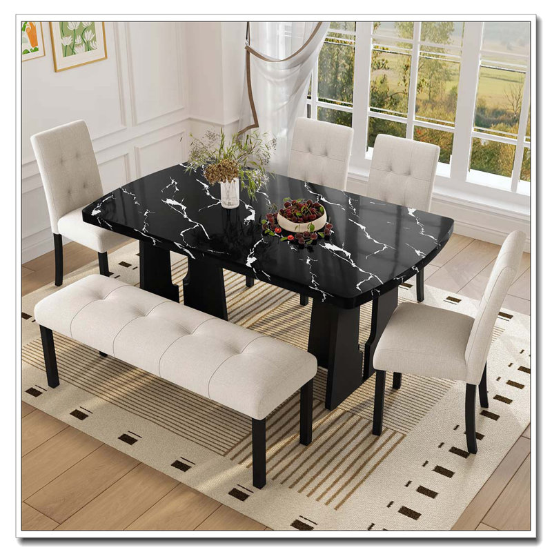 Ensemble de table de salle à manger moderne 6 pièces, Beige, noir