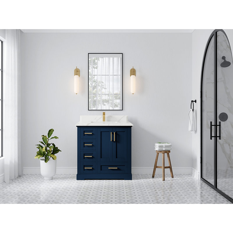 Boston 36 In. W X 22 In. D Centre Sink Bathroom Vanity In Navy Blue With Cove Edge Quartz, Calacatta Laza