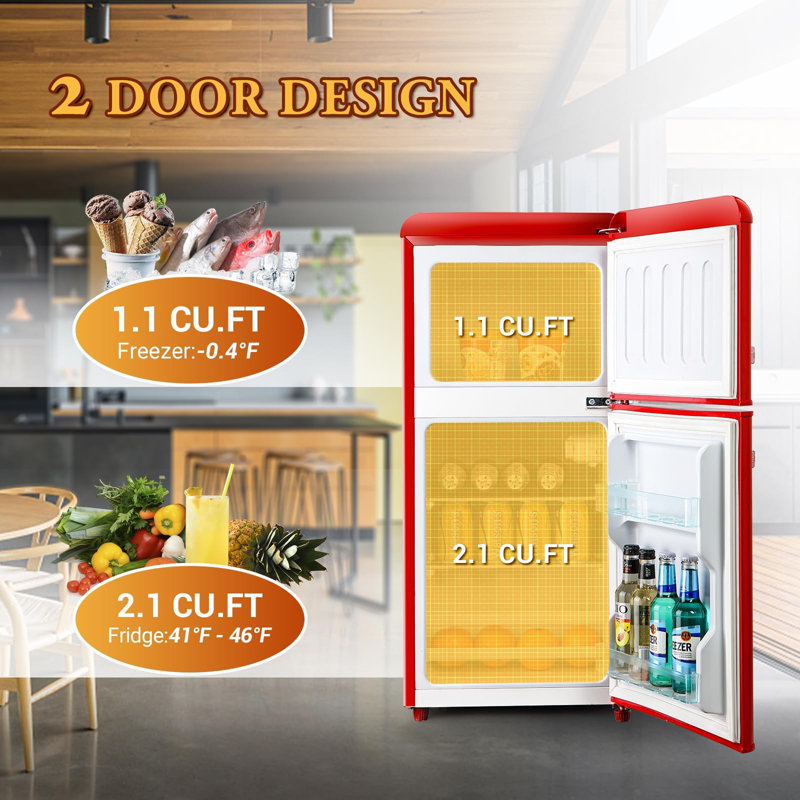 Mini Retro Fridge 3.2 Cu.Ft. Apartment Size Refrigerator with FreezerRetro Fridge Style with 7-Level Adjustable Thermostat Compact Vintage 2 Door Fridges for KitchenDorm Apartment Red