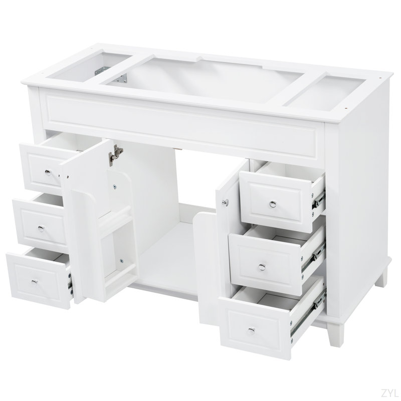 Meuble-lavabo 46 po sans lavabo, armoire seulement, 6 tiroirs à fermeture en douceur et portes doubles avec tablettes à 2 niveaux, pieds en pin massif, blanc