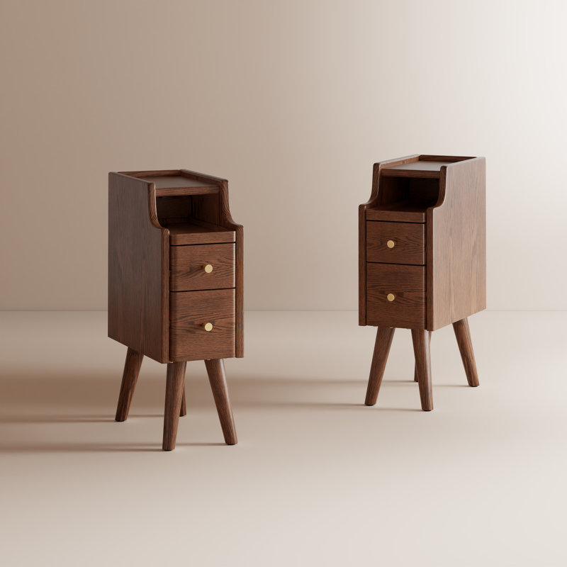 Set Of 2 Narrow Solid Wood Nightstands With 2 Drawers Each, Brown
