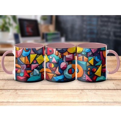 Set of 2 3D Design 11oz Accent Mugs – Ceramic Coffee Cups with a Pink Handle and Interior