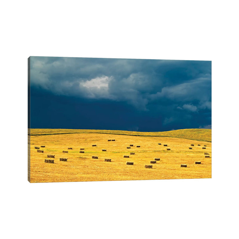 Canada, Manitoba, Holland. Square Bales In Field And Storm Clouds. by Jaynes Gallery - Wrapped Canvas Painting