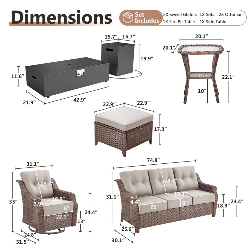 Acton 5-7 Person Outdoor Wicker Patio Family Conversation Set With Swivel Chairs And Metal Fire Pit, Beige