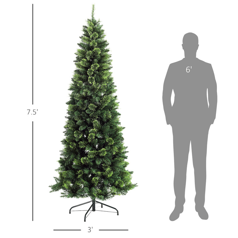 Arbre de Noël artificiel de 7,5 pi avec 1075 branches, ouverture automatique, base en acier, aiguilles de pin, vert