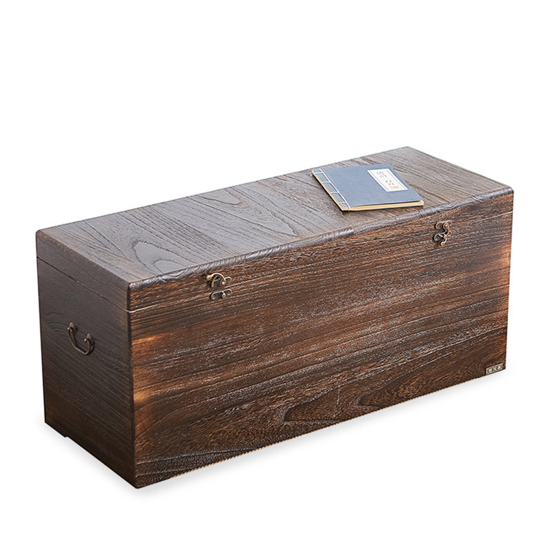 Vintage Brass-Accent Solid Wood Storage Ottoman