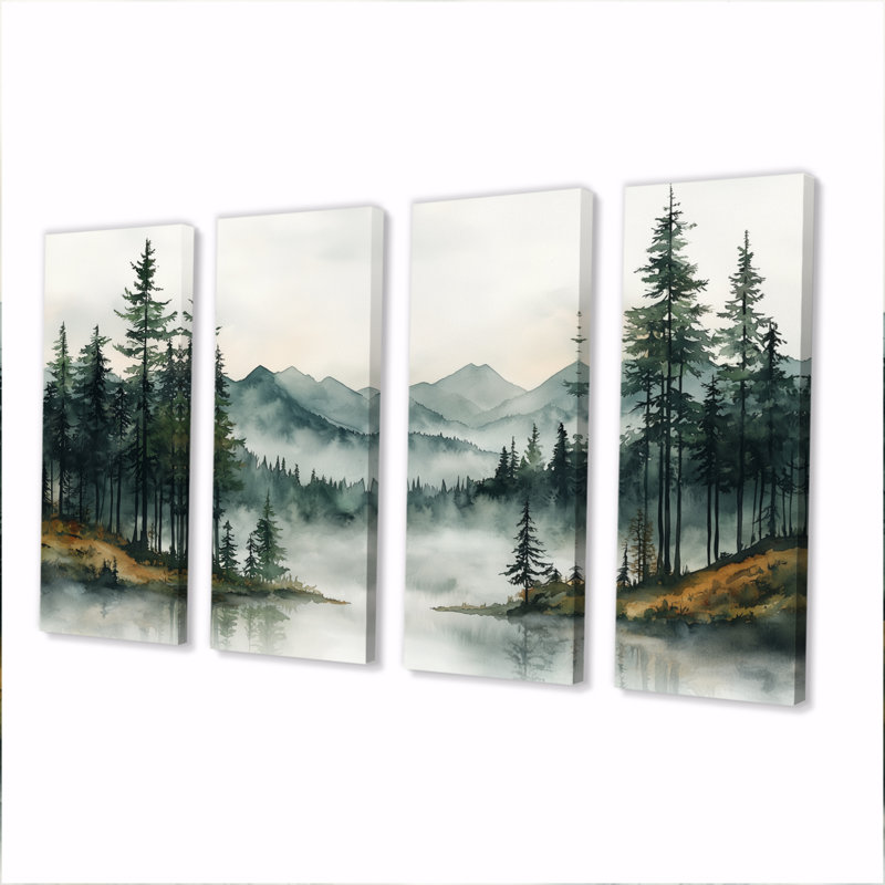«Green Pine Trees Mist Morning I», ensemble de reproduction d'art sur pin, H 28 po x l 48 po