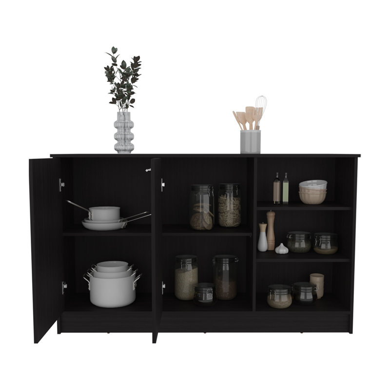 Îlot de cuisine, trois tablettes ouvertes, deux armoires blanches / noires