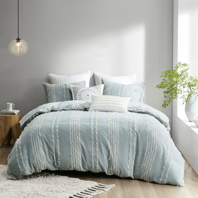 Très grand / très grand décor de chambre en coton - Motif brodé, taies décoratives assorties, ensemble de literie lavable à la machine, housse de couette réversible, 2