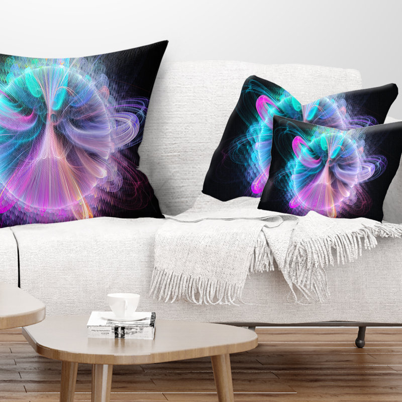 Fractal Vortices of Energy - Floral Printed Throw Pillow, Blue/Pink/Black