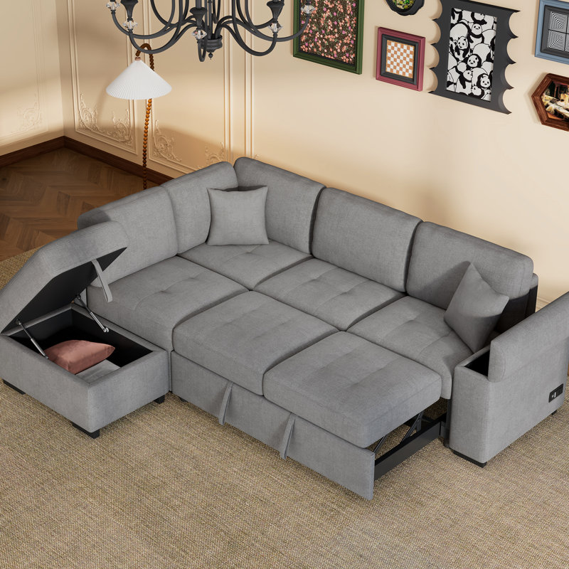 Sectional Couch -Bed With & , Soft Gray Velvet Seating Sleeper Fabric, Gray Velvet