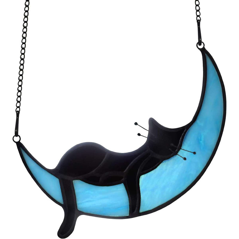 Panneau de fenêtre décoratif en acrylique teinté avec fenêtre et chat, Bleu et noir