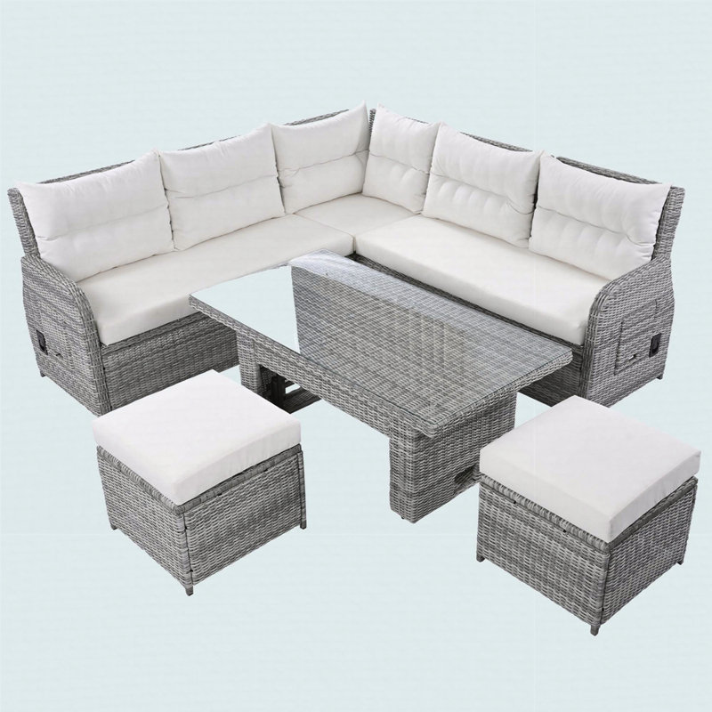 Outdoor Rattan Furniture Set with Adjustable Table, Extendable Side Tables and Two Ottomans, Beige