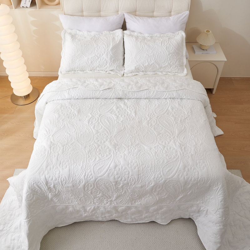 Microfiber Reversible Oversized 3 Piece Coverlet, Bedspread Set, Oversized King Plus + 2 King Shams, White