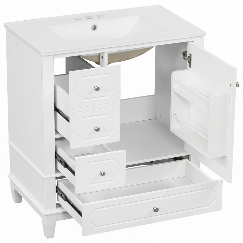 Meuble-lavabo autoportant de 30 pouces avec lavabo en céramique, structure en bois massif, portes à fermeture en douceur et plusieurs options de rangement