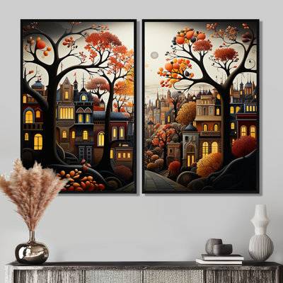 Cozy Village In Autumn Moonlit I - décoration murale brune