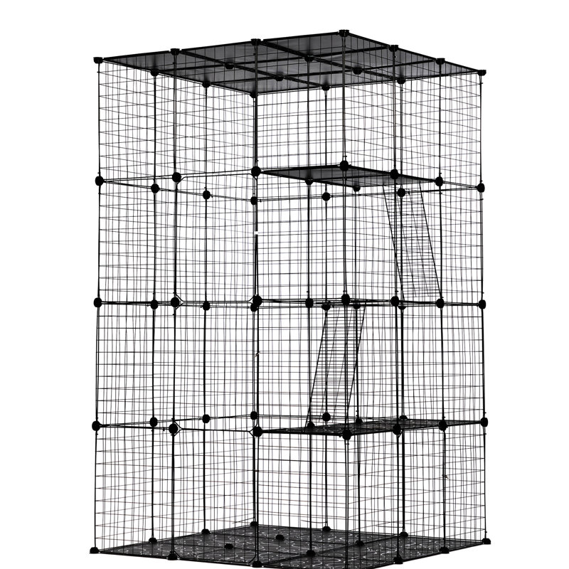 Cage à chat à 3 niveaux, parc pour grand chenil avec 3 plateformes, 3 échelles rampes et 4 portes