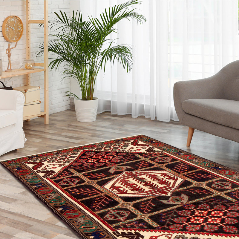 Tapis noir noué à la main de conception unique 4 pi 5 po x 6 pi 9 po Jion