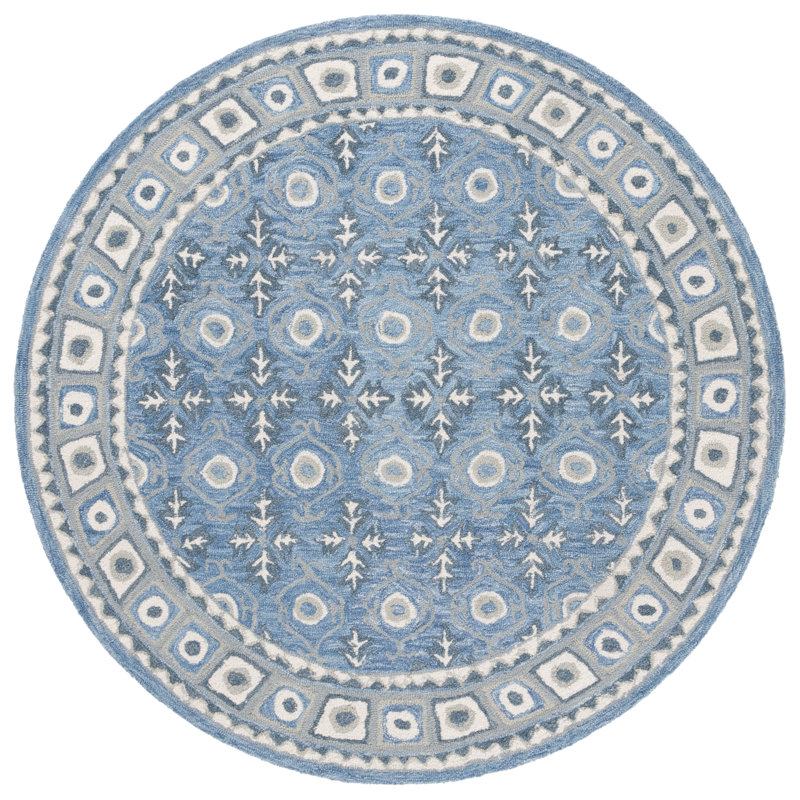 Tapis en laine / coton touffeté à la main ébène en bleu / ivoire, Rond 6 po