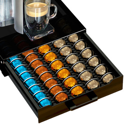 Tiroir Vertuo avec support en verre trempé noir de luxe, compatible avec les dosettes Vertespoline de Nespresso, pouvant contenir jusqu'à 75 petites ou 50 grosses dosettes Vertuo de conception compacte (support de dosettes Nespresso noir piano)