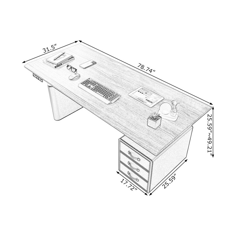 Bureau à 3 tiroirs brun noisette + réglable en hauteur massif noir + bois manufacturé + acier au carbone, Retour à droite