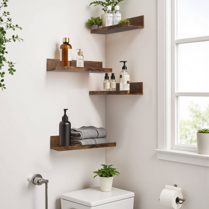 Set 4 Floating Wall Mounted Wooden Shelves, Shelves For Wall Decor, Vintage, Brown Wood