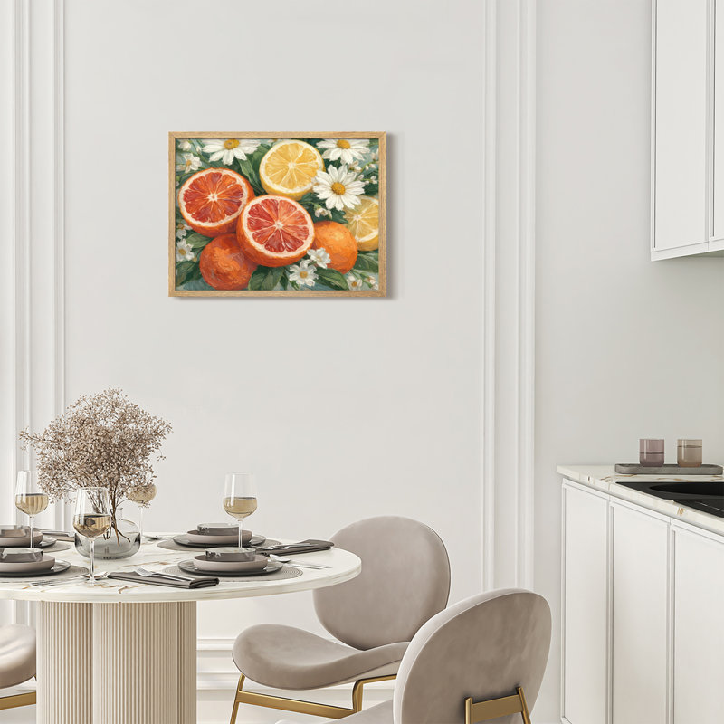 Citrus Floral Framed Wall Art Prints - Grapefruit lemon with daisies for kitchen, Naturel, H 11 po x l 14 po