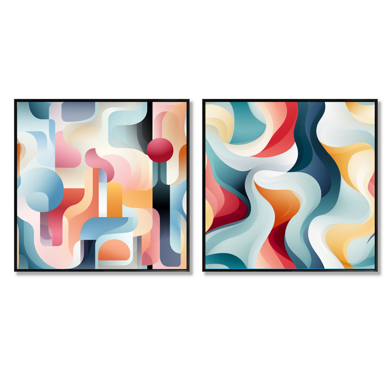 Dahndray - Ensemble de 2 collages carrés à formes abstraites, Cadre flottant noir, H 30 po x l 61 po