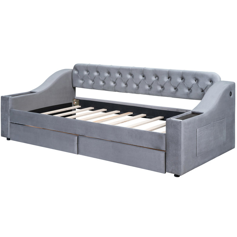 Lit de jour gris rembourré avec rangement pour accoudoirs et option de couchage élégante, Gris