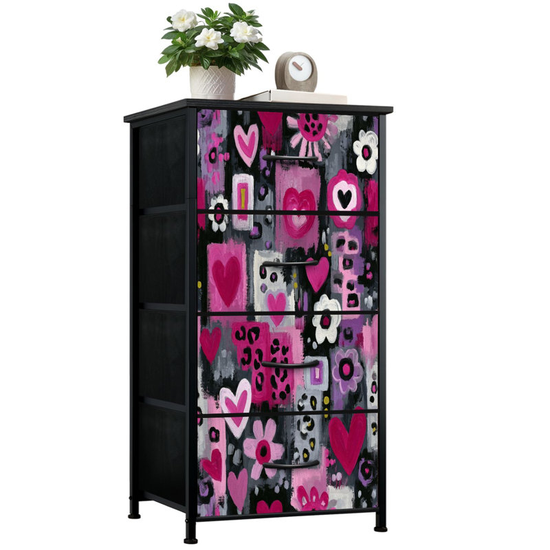 Commode moderne pour la chambre à coucher avec 4 tiroirs de rangement Imprimé animal abstrait Coeurs roses Commode à motifs floraux Commode en acier pour garde-robe de dortoir