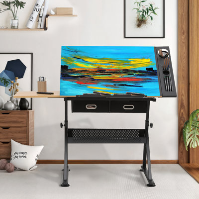 Elizabeth Draft Desk Drawing Table with Stool Set, Height Adjustable Desk Tiltable & Slide-Out Tabletop