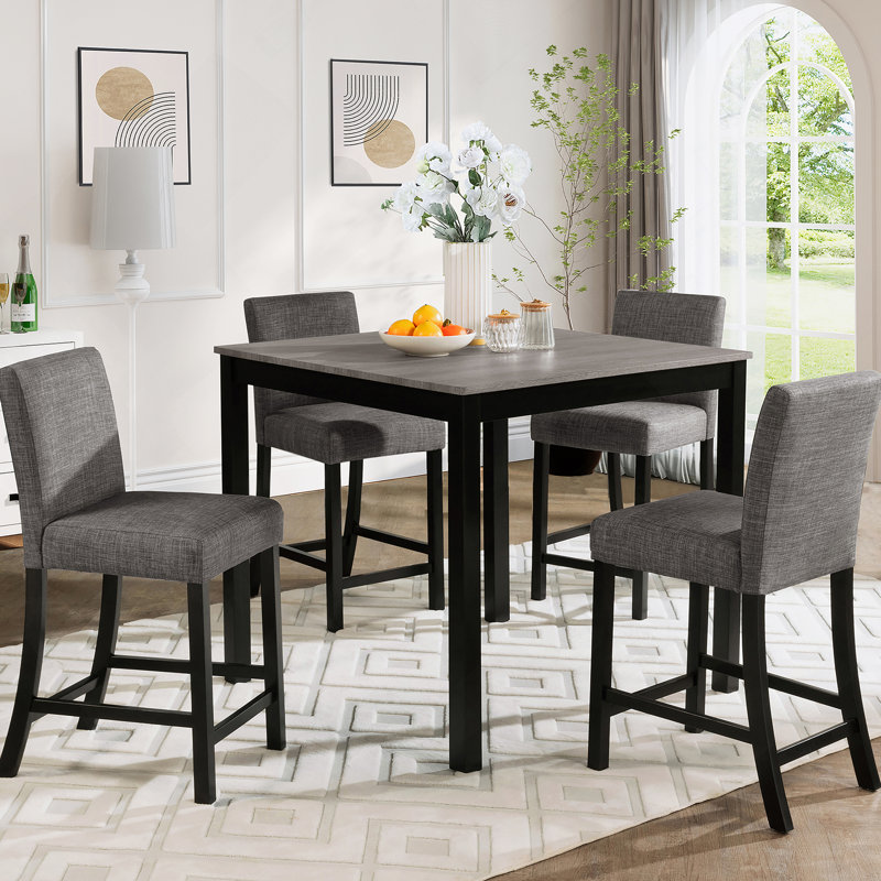 Ensemble de table 5 pièces à hauteur de comptoir avec 4 chaises, ensemble de table à hauteur de comptoir pour 4 avec chaises, ensemble de table à hauteur de comptoir en bois pour la cuisine, la salle à manger, gris clair et noir deux tons