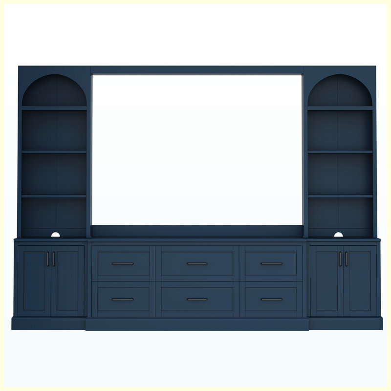 Meuble audio-vidéo encastré moderne pour téléviseur de 70 po ou moins, console multimédia tout-en-un à 6 tiroirs, tablettes et tablettes réglables, bleu
