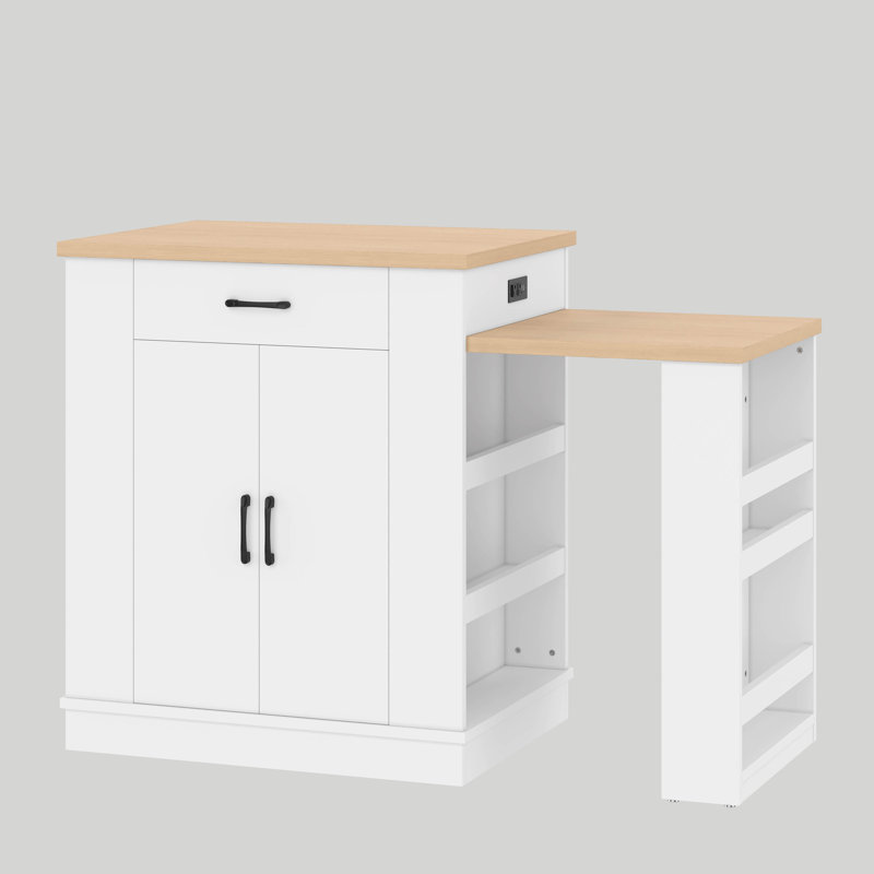 Îlot de cuisine extensible avec tiroirs, console mobile blanche avec armoire à double porte et tablettes ouvertes, servant de table de salle à manger et de bar à déjeuner