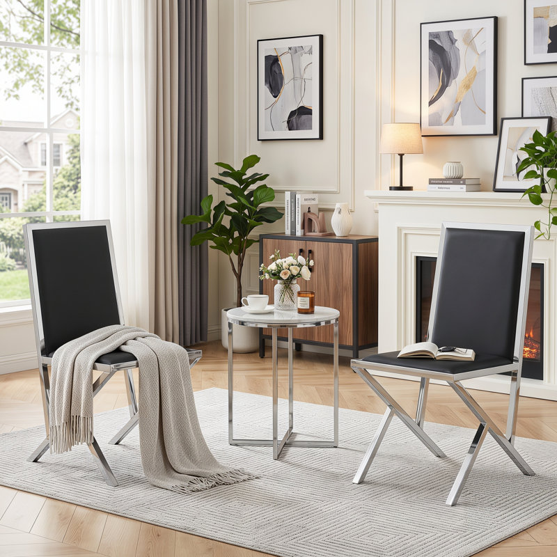 Ensemble de 2 chaises rembourrées en cuir polyuréthane avec structure en métal, 2, Noir, Argent