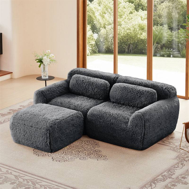 80.3" L-Shaped 2-Seater Sofa with Ottoman, Dark Gray Fabric