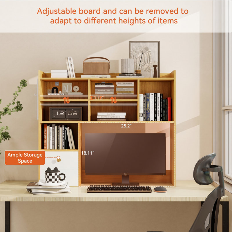 Desktop Bookshelf, Desk Shelf With 2 Drawers For Computer Desk, 36.22" 7-Tier Adjustable Desktop Hutch Organizer With Pegboard For Home Office