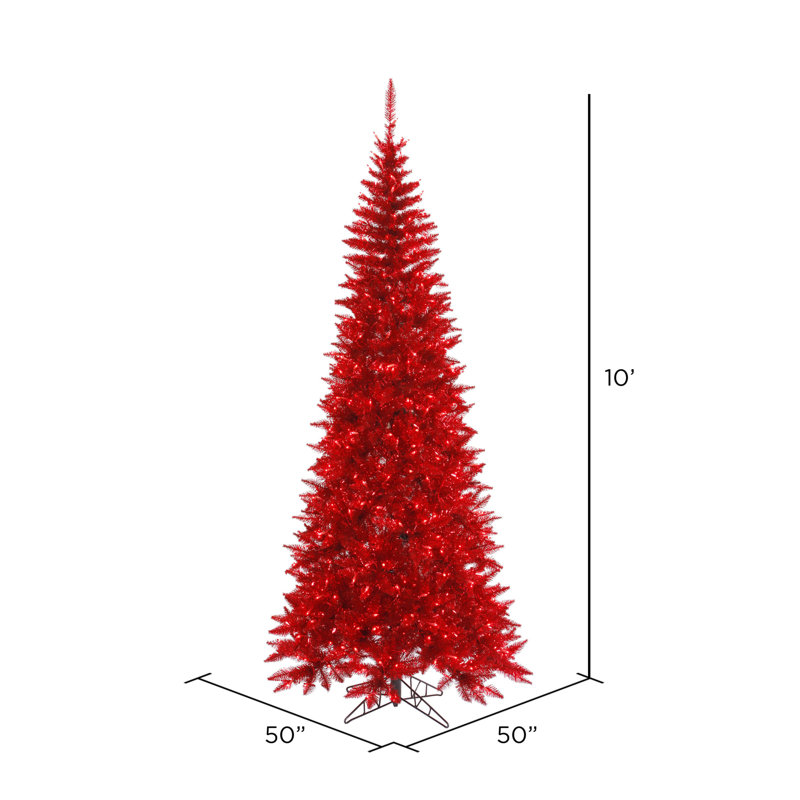 Red Tinsel Artificial Christmas Tree with LED Lights, 10' H, Pre-Lit