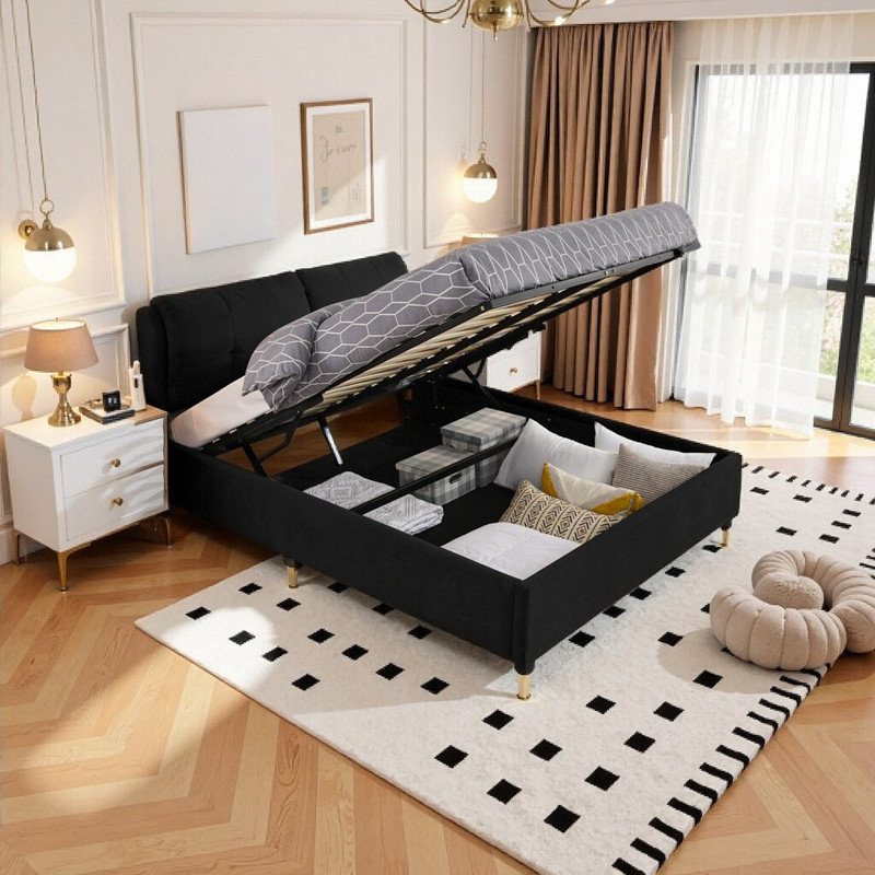 Grand lit avec rangement et tête de lit tapissier, lit plateforme en chenille, Noir, noir, noir, noir, Grand lit