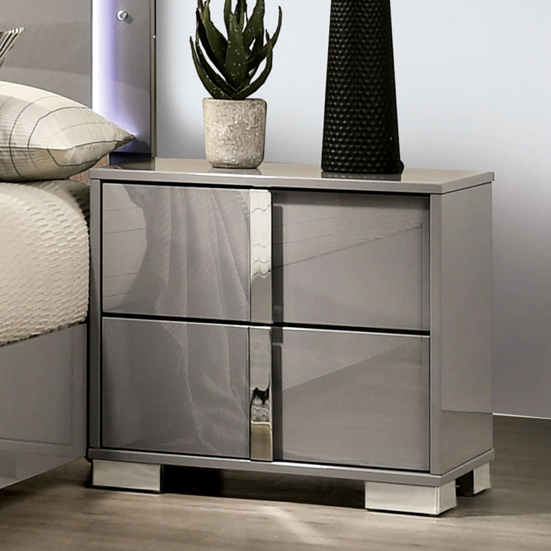 Table de chevet taupe de style contemporain, 2 tiroirs, pieds, poignées verticales, bois d'ingénierie, finition, décoration de chambre à coucher