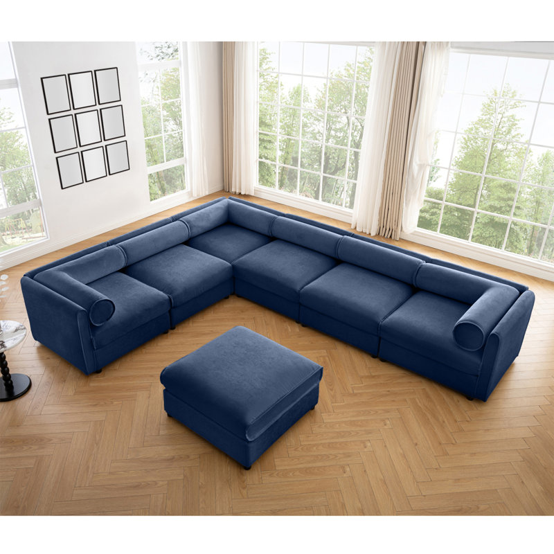 Grand canapé modulaire modulaire avec rangement Canapé modulaire en chenille pour le salon, dossier cylindrique et accoudoirs 6 places, bleu