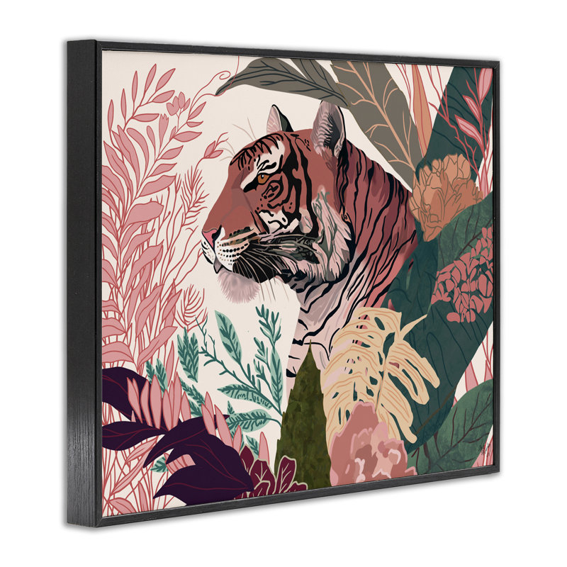 «Tiger Peeking from Leaves», estampe numérique par Fab Funky, H 11 po x l 14 po, Giclée encadrée noir minuit
