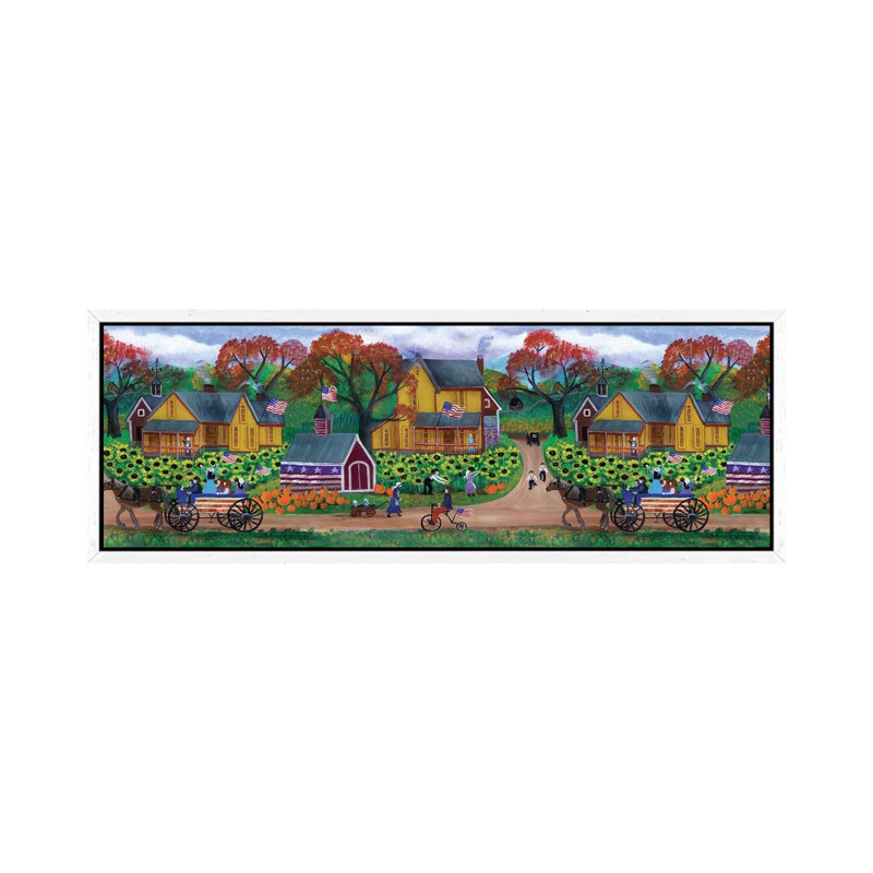 American Primitive Sunflower Pumpkin Farm Border by Cheryl Bartley - Panoramic Painting on Canvas, White Framed