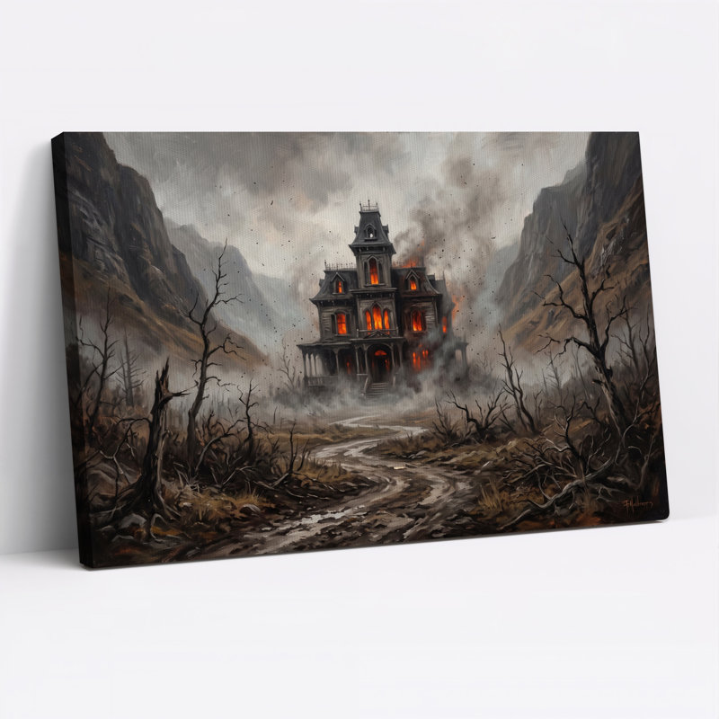 Maison hantée gothique aux fenêtres orange vif - Toile murale d'Halloween, H 28 po x l 40 po