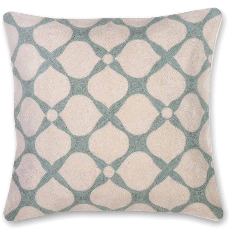 Classic Hand Embroidery Feather Down Fill Pillow Cover with Insert, Sage Green