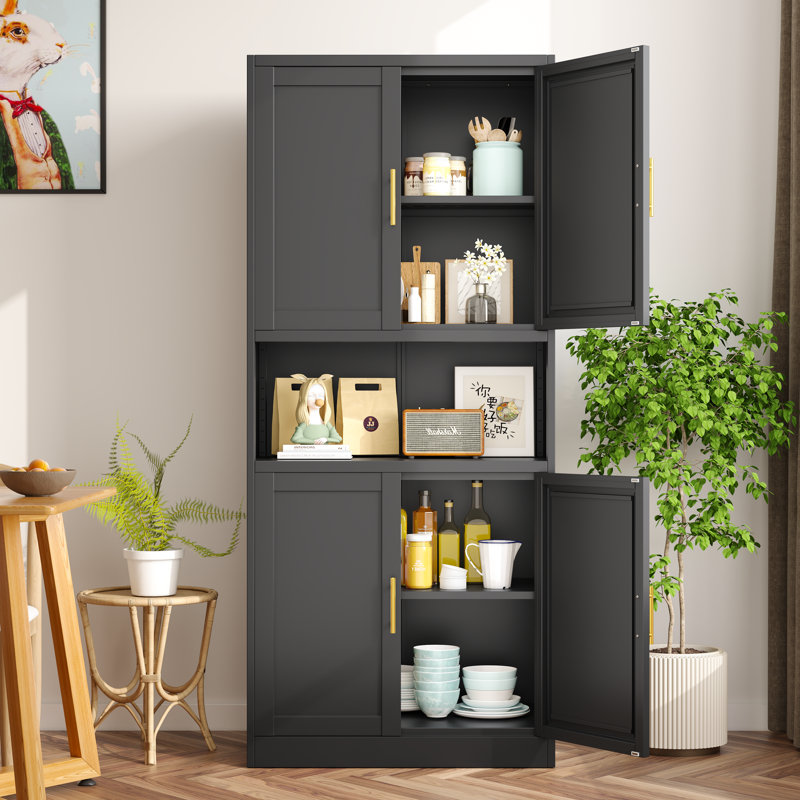 Freestanding Metal Kitchen Bathroom Floor Storage Cabinet with Open Countertop, Black