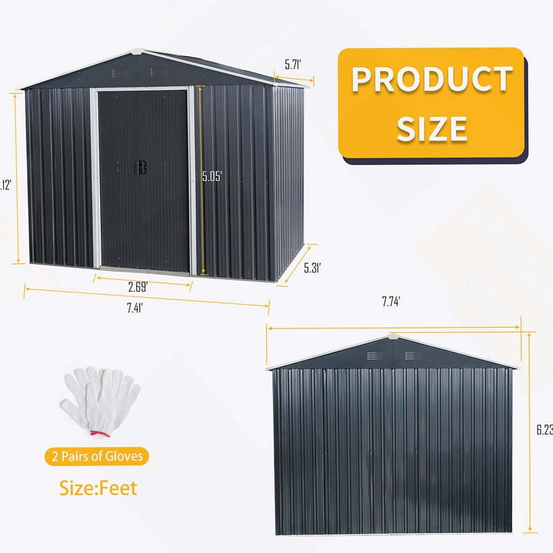 Remise de rangement extérieure en métal 8 pi x 6 pi avec base de plancher, H 75,09 po x l 89,09 po x P 64,09 po, Noir
