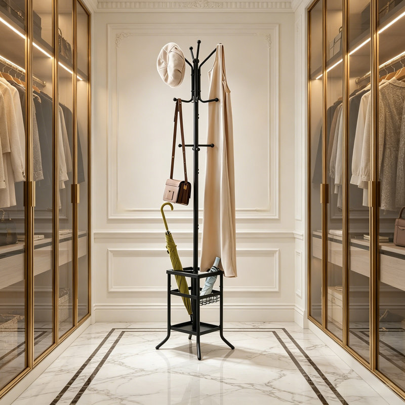 Modern Style Metal Coat Rack With Built-In Umbrella Holder And 12 Hooks; Can Also Store Bags And Hats; Versatile And Practical For Various Occasions.