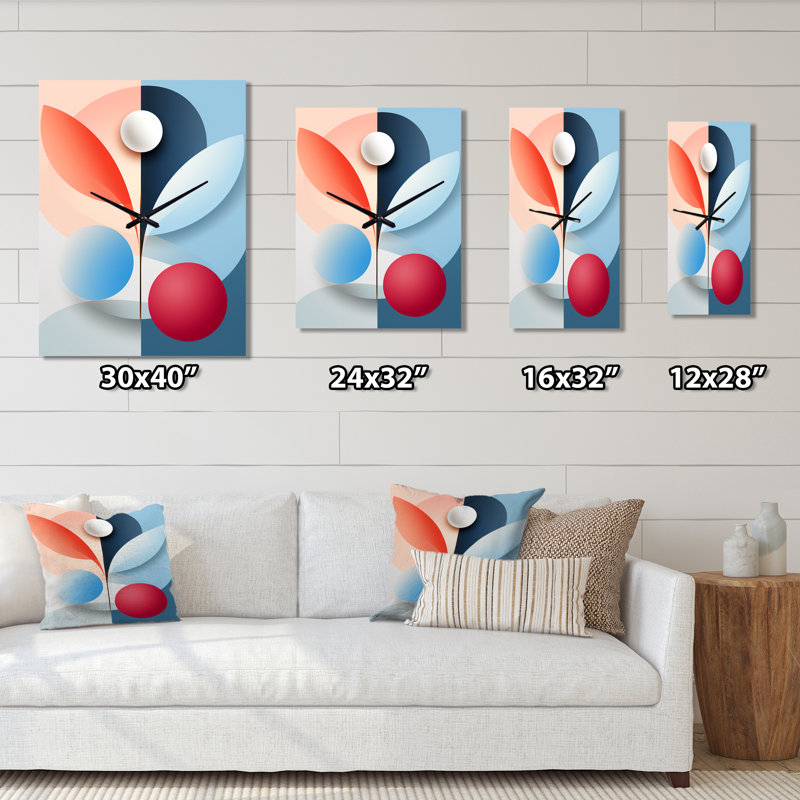 Horloge murale abstraite botanique minimaliste rétro bleu et rouge - Abstract Botanicals, H 28 po x l 12 po x P 1 po