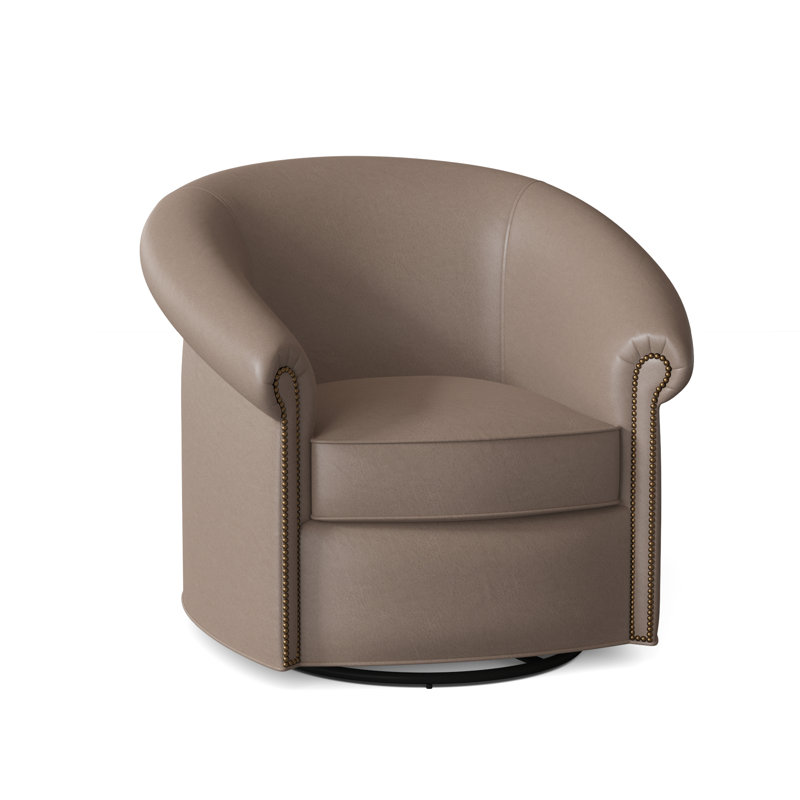 Stellan Swivel Barrel Chair, Swivel-Memory, French Natural, Aline Light Gray Stonewash Genuine Leather